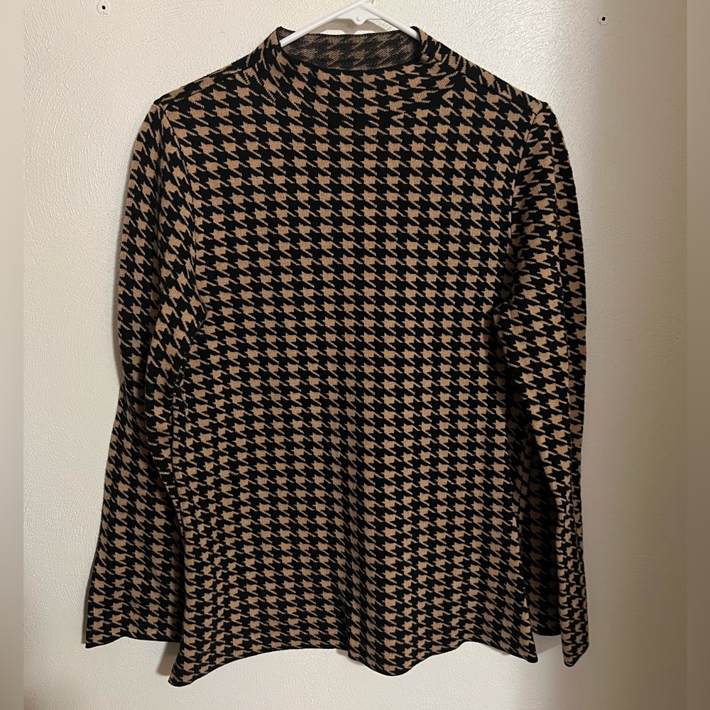 ANN TAYLOR Classic Houndstooth Mock‎ Neck Sweater Black Tan Women's Size Large